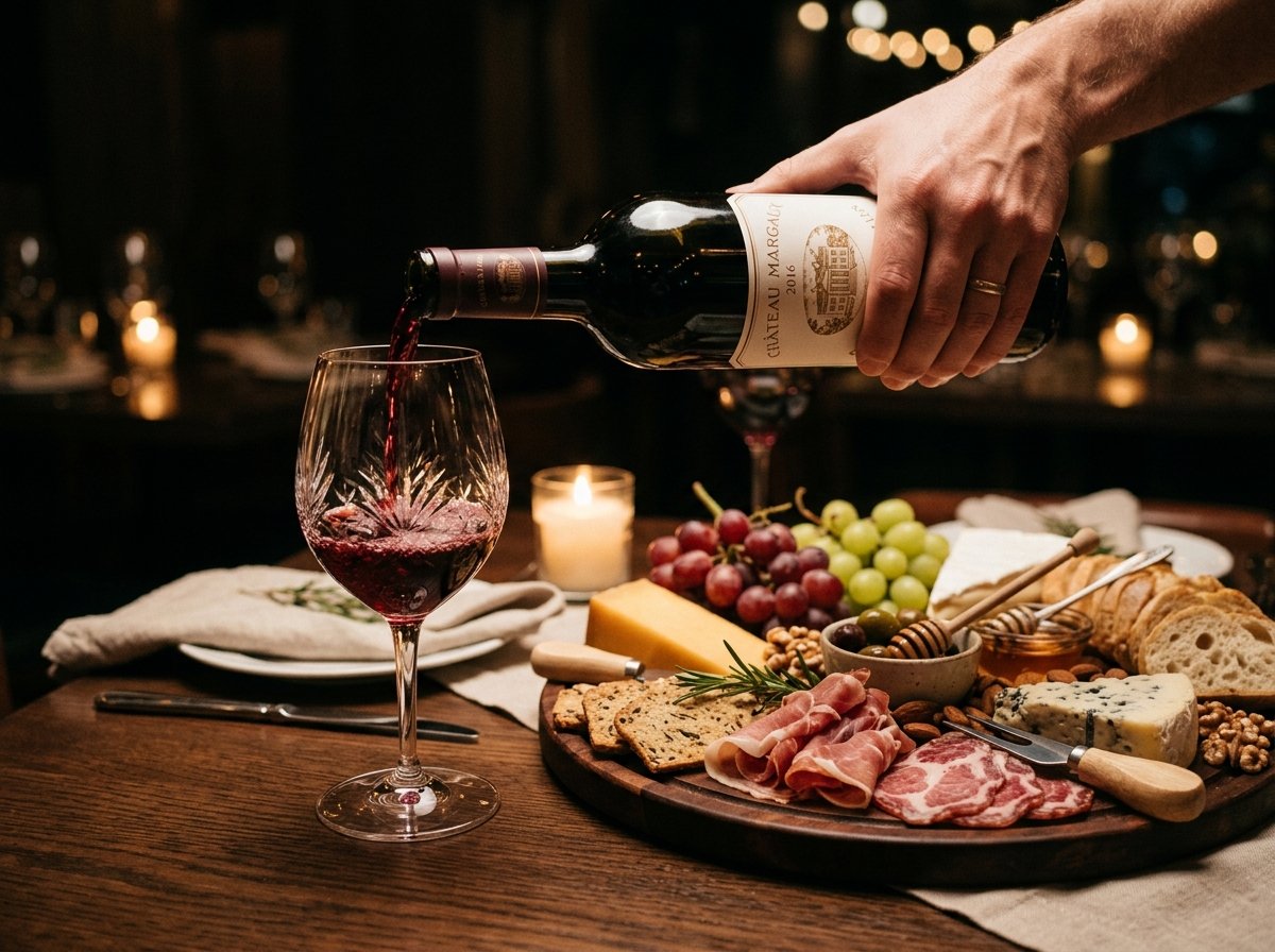 Pouring red wine into glass next to cheese board
