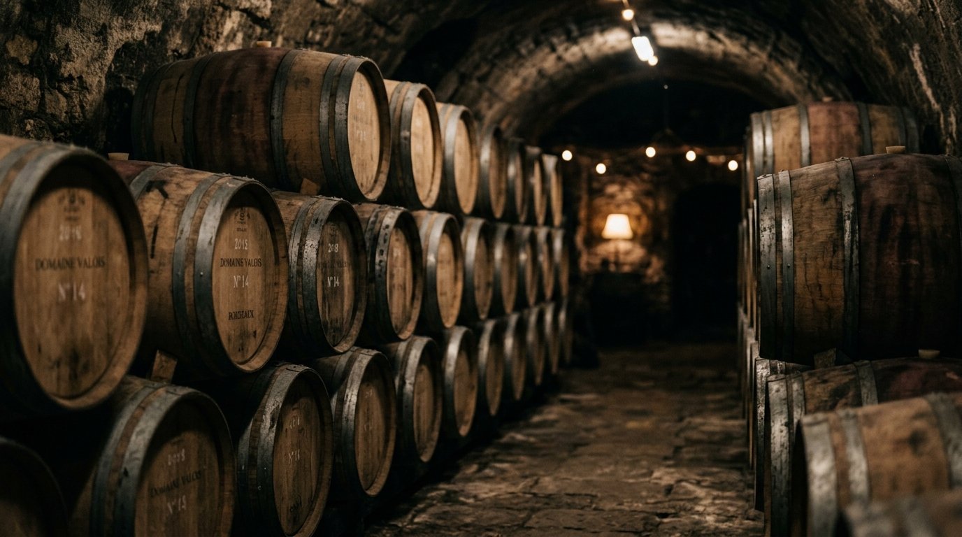 Wine cellar barrels row stacked